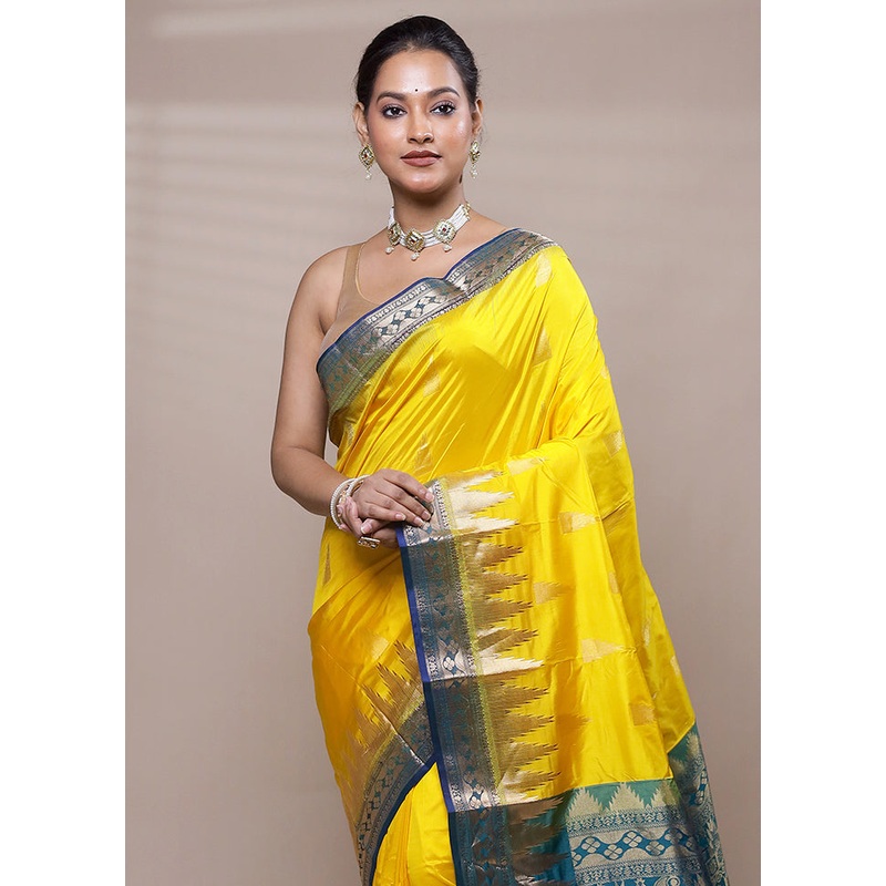 Yellow Handloom Kanjivaram Pure Silk Saree With Blouse Piece - JD986608019