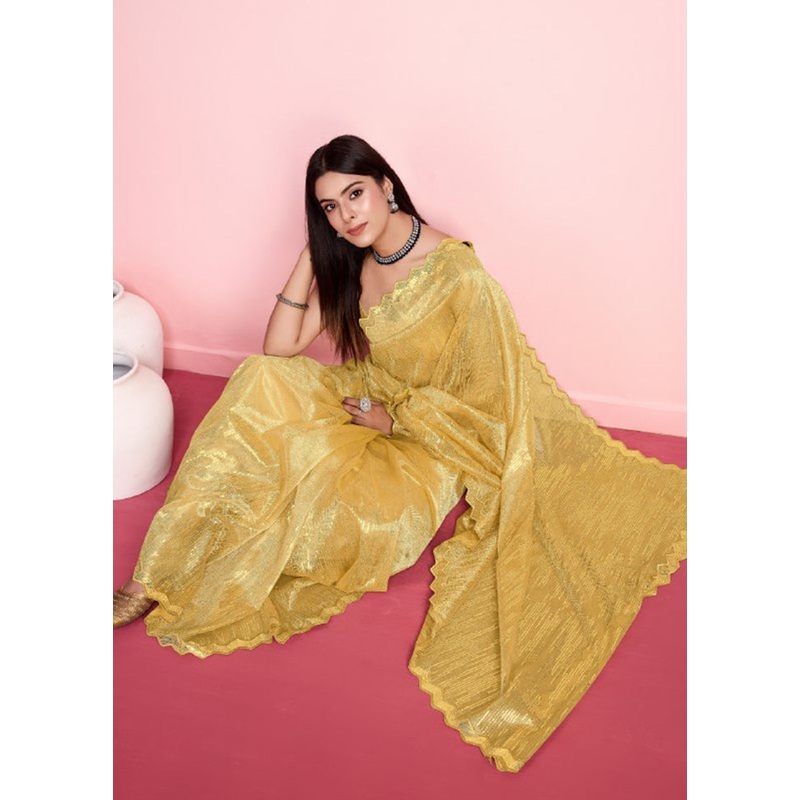Yellow Net Saree With Blouse Piece - JD986608110