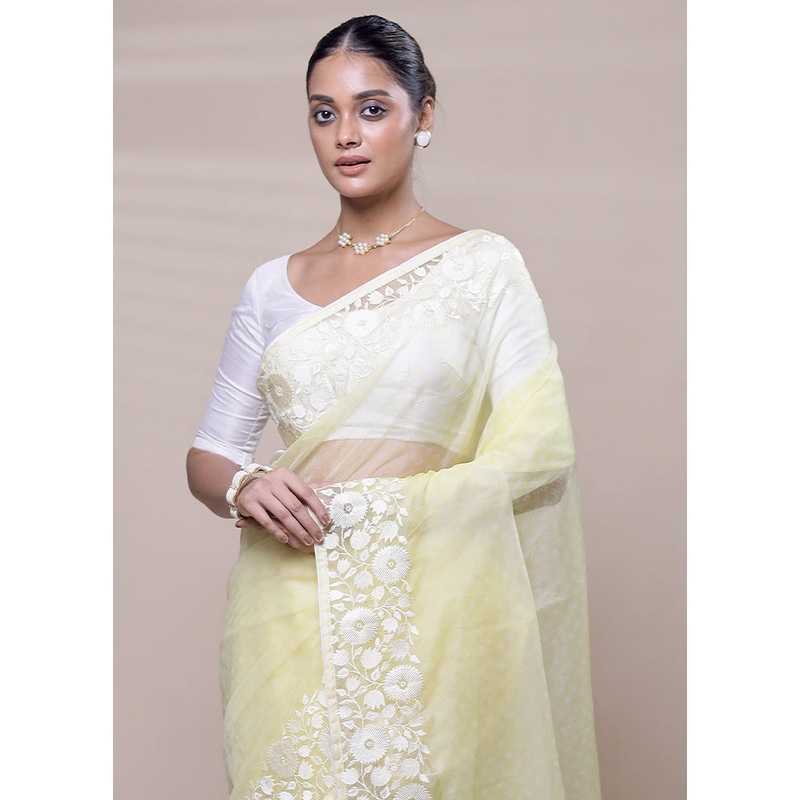 Yellow Organza Saree With Blouse Piece - JD986608018