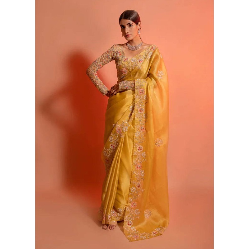 Yellow Organza Saree With Blouse Piece - JD986608109