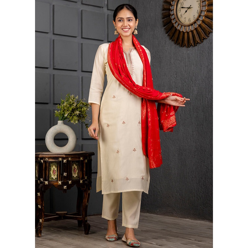 3 Pc Cream Readymade Viscose Suit Set - JD986607755
