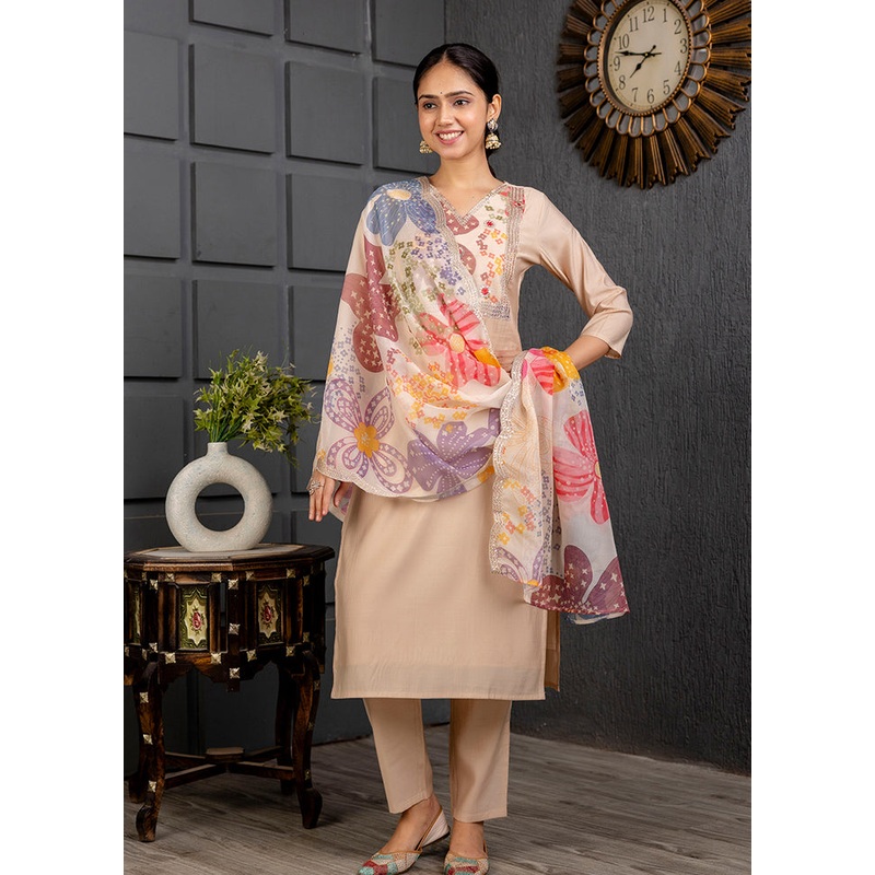 3 Pc Cream Readymade Viscose Suit Set - JD986607756