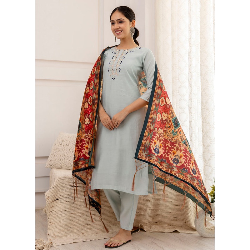 3 Pc Grey Readymade Viscose Suit Set - JD986607754