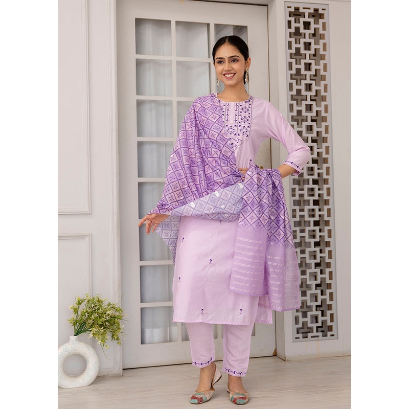 3 Pc Lavender Readymade Viscose Suit Set - JD986607753