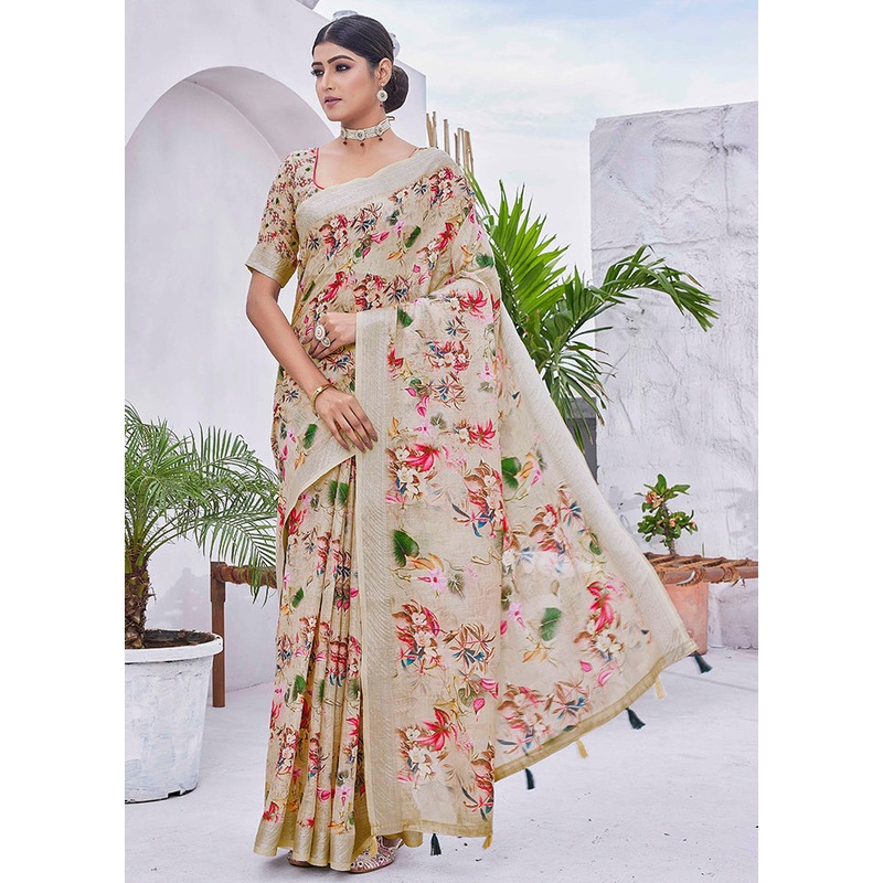 Beige Linen Silk Saree With Blouse Piece - JD986607806