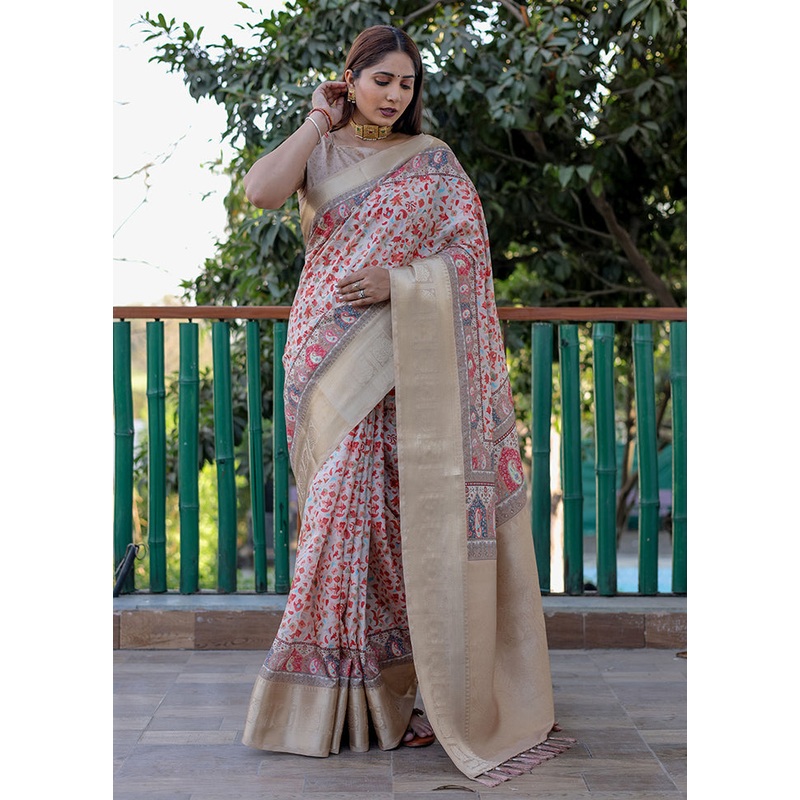 Beige Pasmina Silk Saree With Blouse Piece - JD986607805