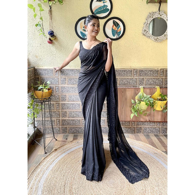 Black Georgette Saree With Blouse Piece - JD986607803