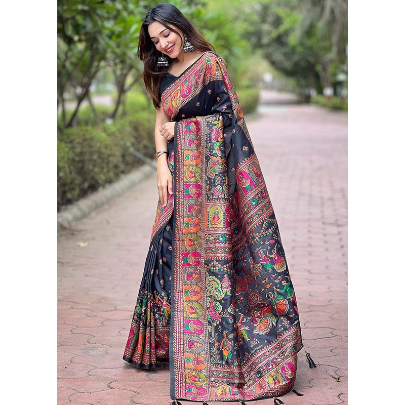 Black Pasmina Silk Saree With Blouse Piece - JD986607801