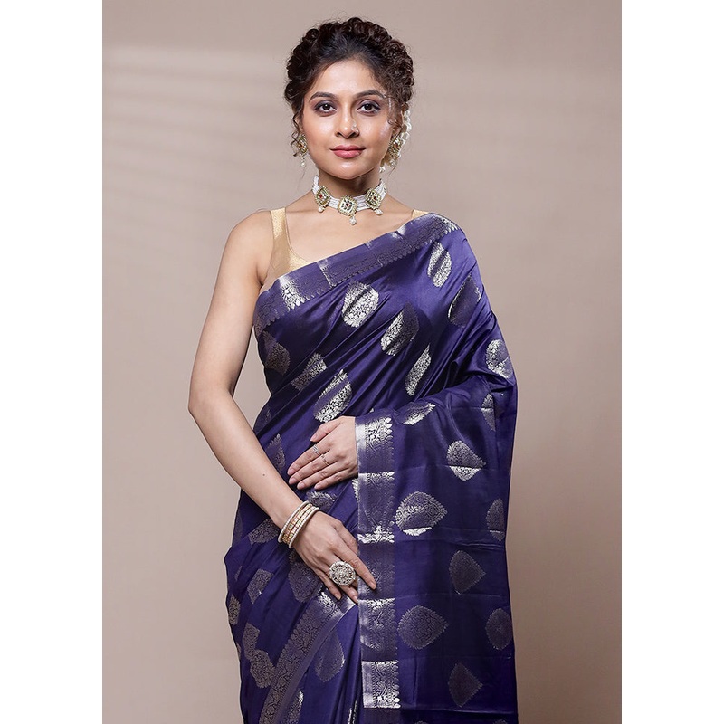 Blue Dupion Silk Saree With Blouse Piece - JD986607840