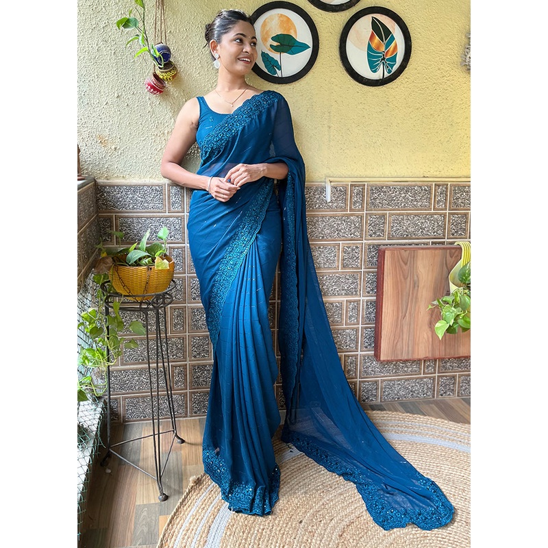 Blue Georgette Saree With Blouse Piece - JD986607799