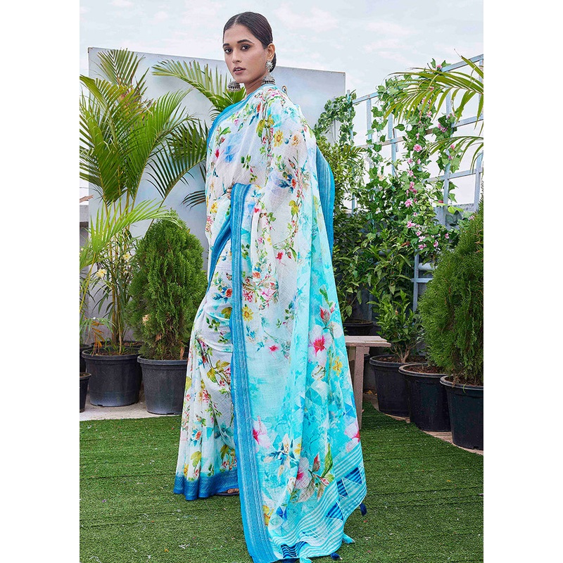 Blue Linen Silk Saree With Blouse Piece - JD986607797