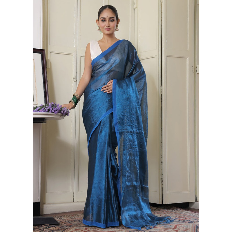 Blue Spun Silk Plain Work Saree Without Blouse Piece - JD986607743
