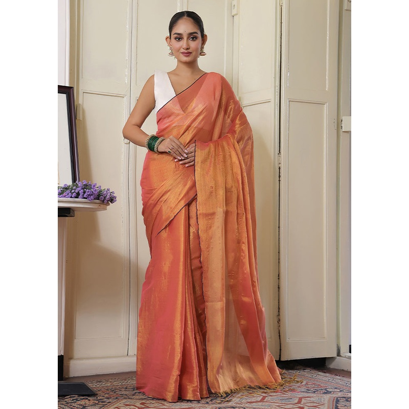 Brown Spun Silk Plain Work Saree Without Blouse Piece - JD986607742