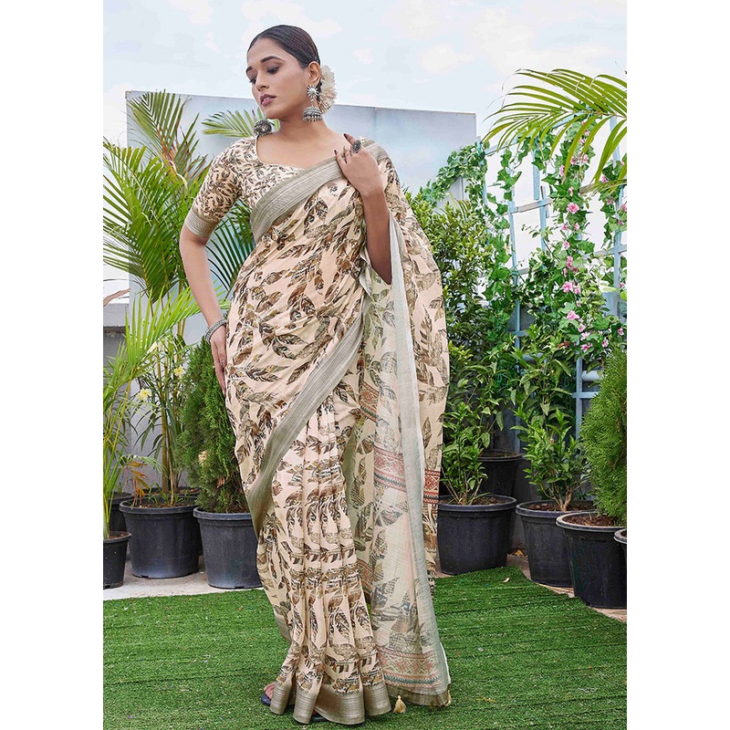 Cream Linen Silk Saree With Blouse Piece - JD986607795
