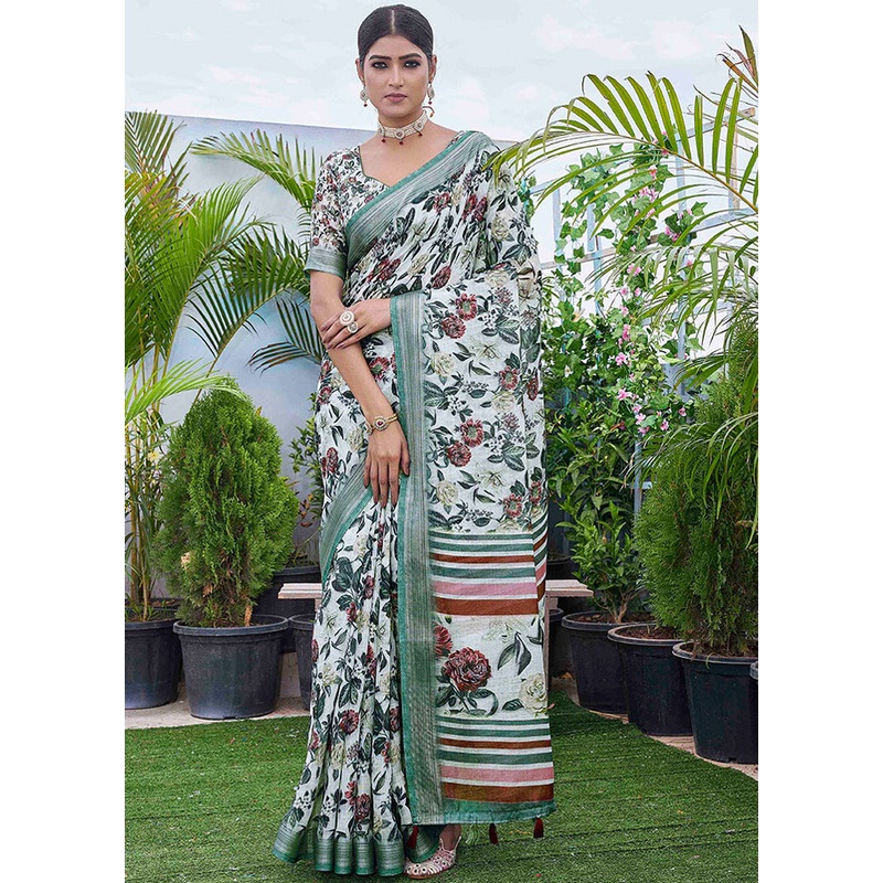 Green Linen Silk Saree With Blouse Piece - JD986607792