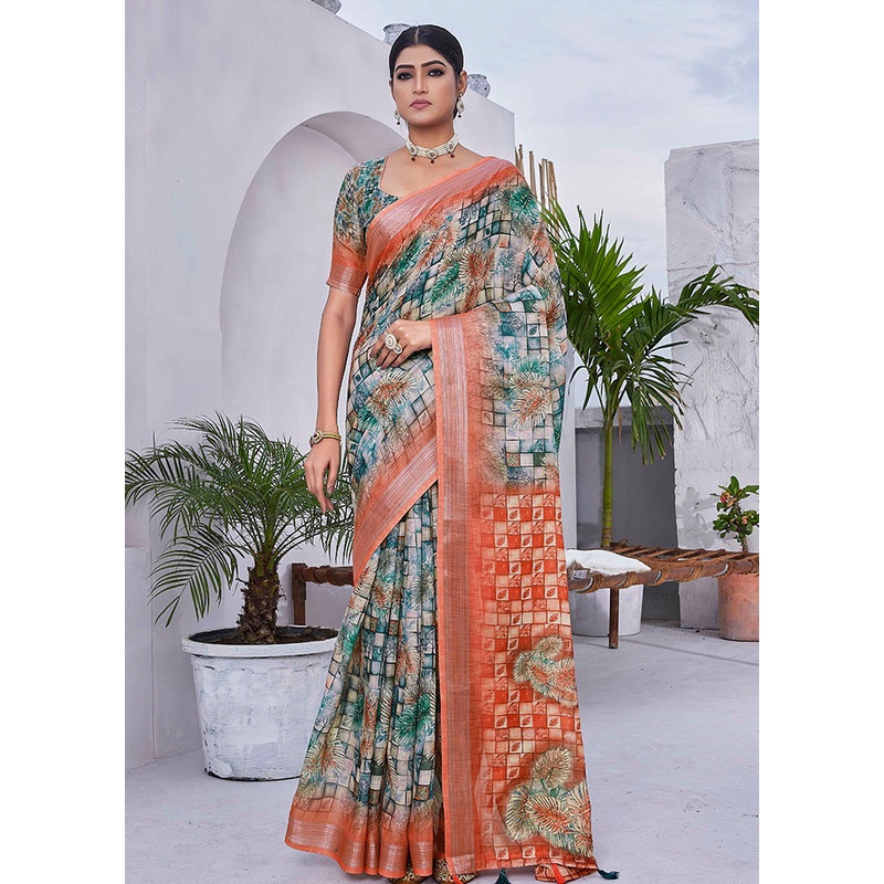 Green Linen Silk Saree With Blouse Piece - JD986607793