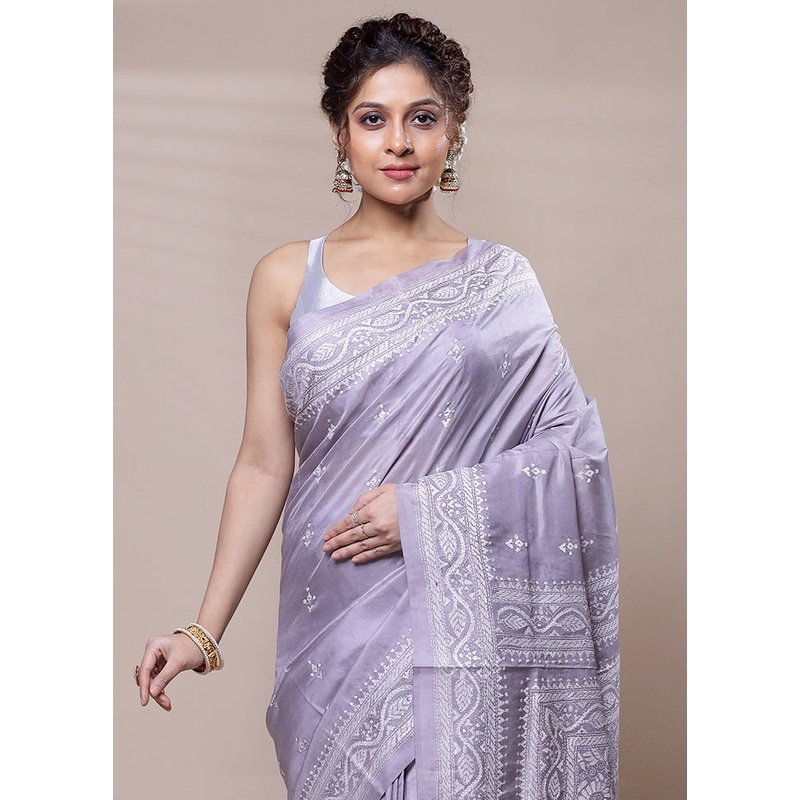 Grey Handloom Kantha Stitch Pure Silk Saree With Blouse Piece - JD986607825