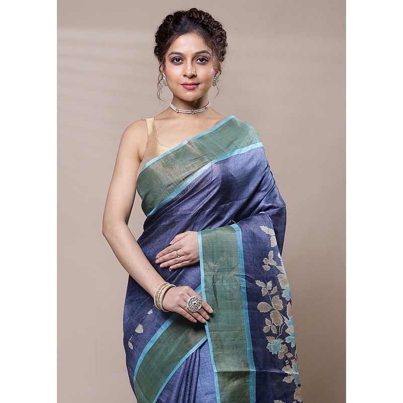 Grey Tussar Silk Saree With Blouse Piece - JD986607822