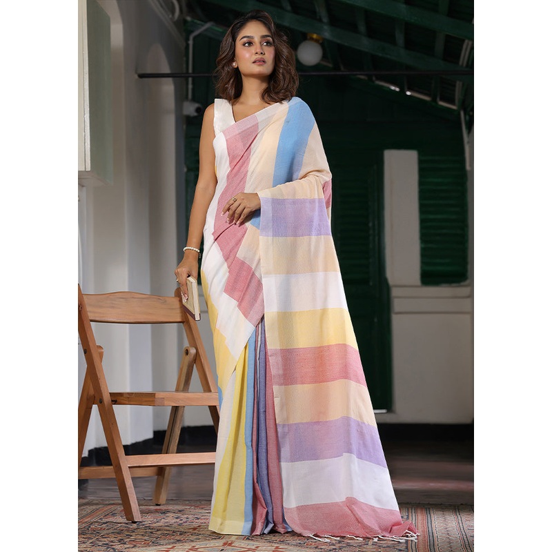 Multicolor Cotton Plain Work Saree Without Blouse Piece - JD986607739