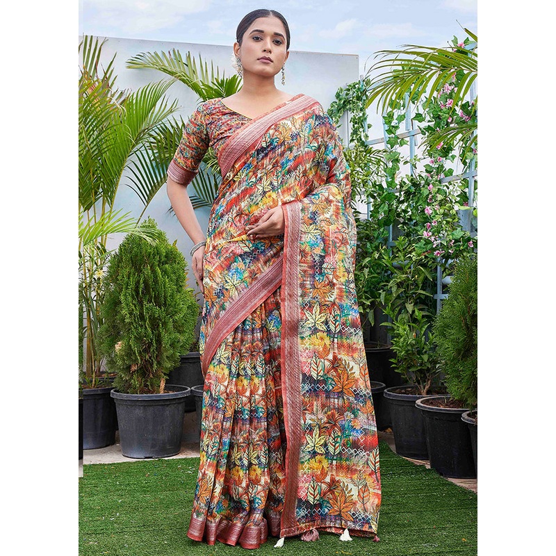 Multicolor Linen Silk Saree With Blouse Piece - JD986607788