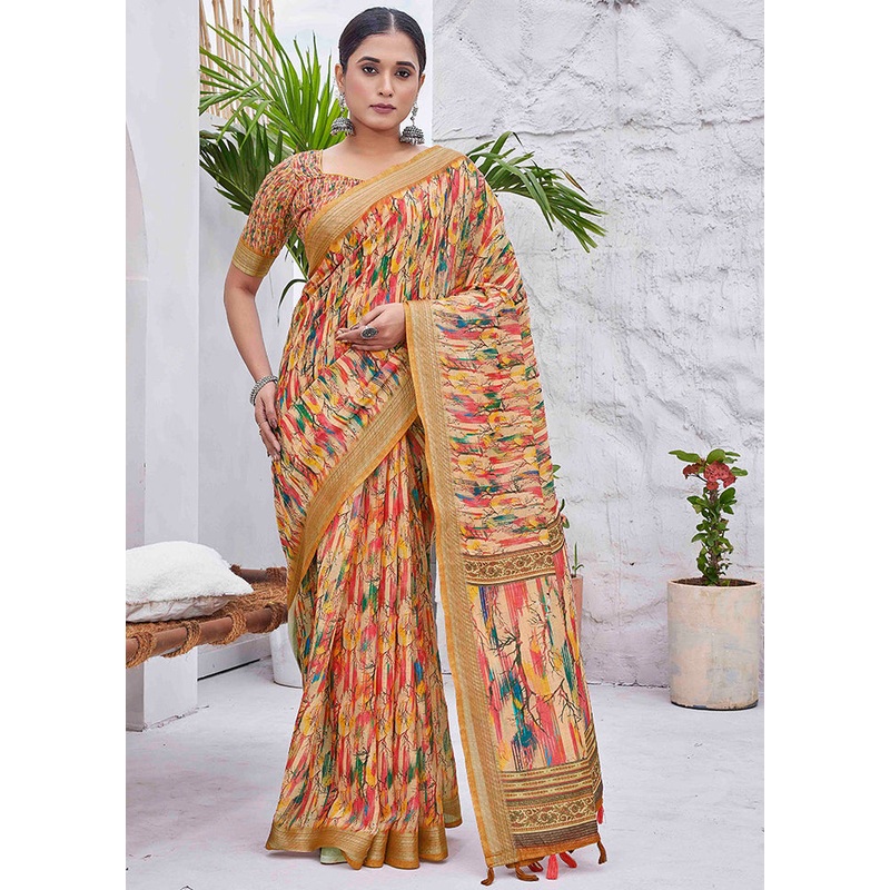 Mustard Linen Silk Saree With Blouse Piece - JD986607786