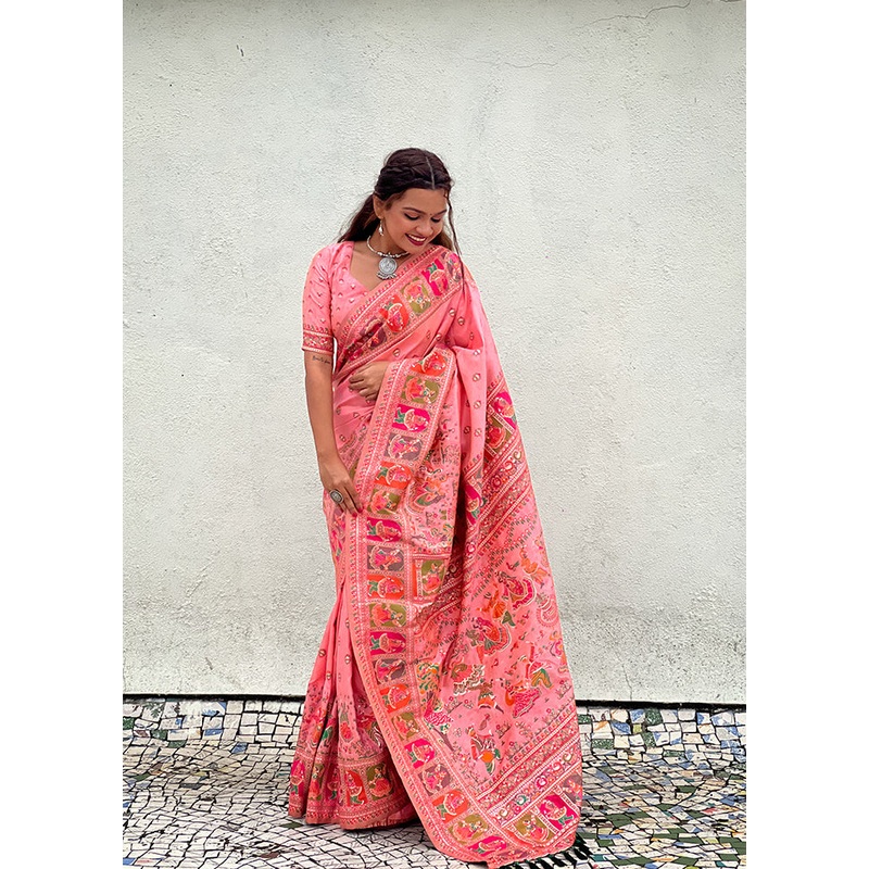 Peach Pasmina Silk Saree With Blouse Piece - JD986607783