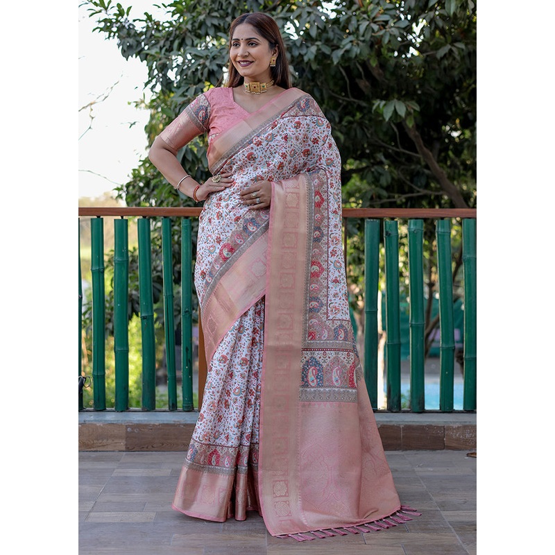 Peach Pasmina Silk Saree With Blouse Piece - JD986607784