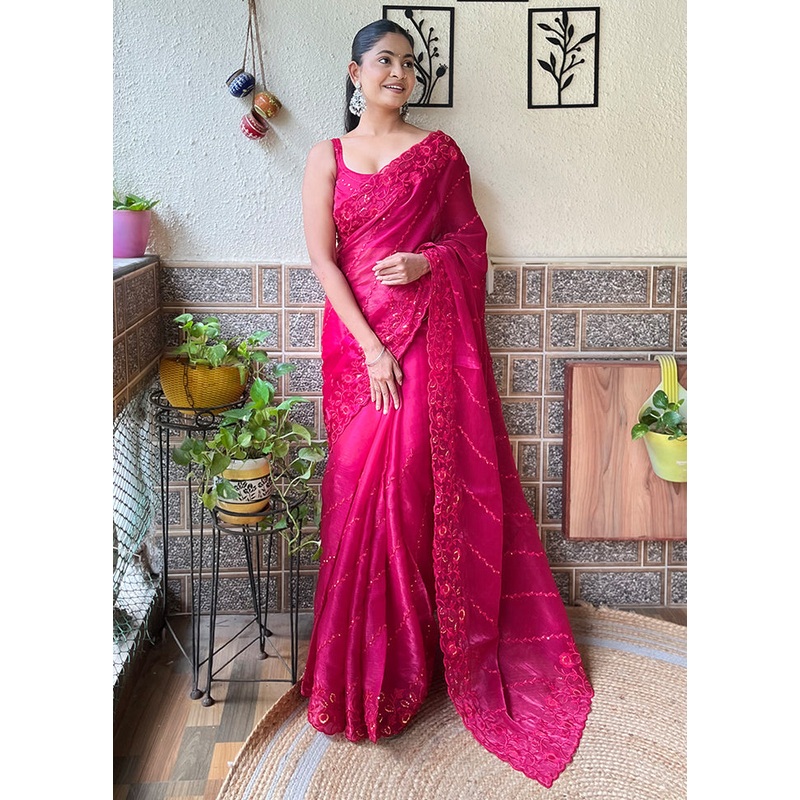 Pink Dupion Silk Saree With Blouse Piece - JD986607782