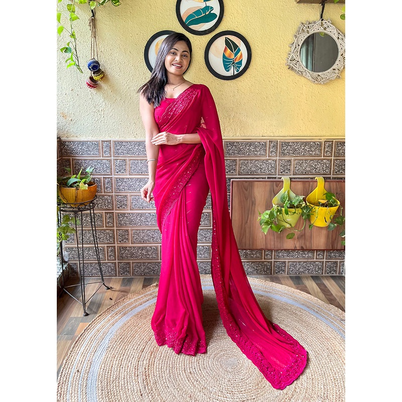 Pink Georgette Saree With Blouse Piece - JD986607781