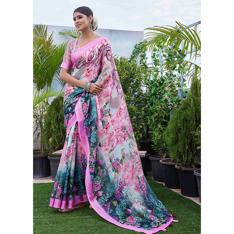 Pink Linen Silk Saree With Blouse Piece - JD986607779