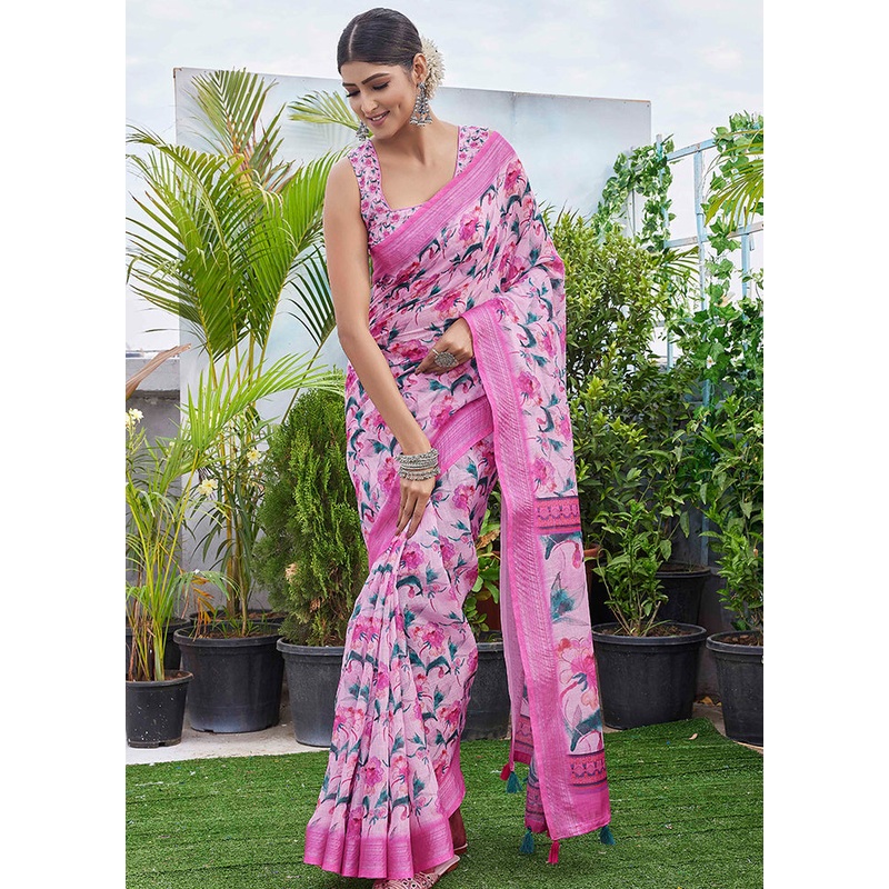 Pink Linen Silk Saree With Blouse Piece - JD986607780