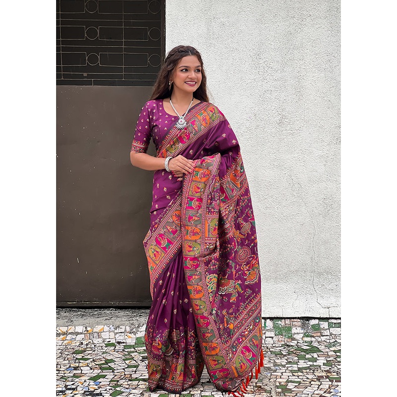 Purple Pasmina Silk Saree With Blouse Piece - JD986607773