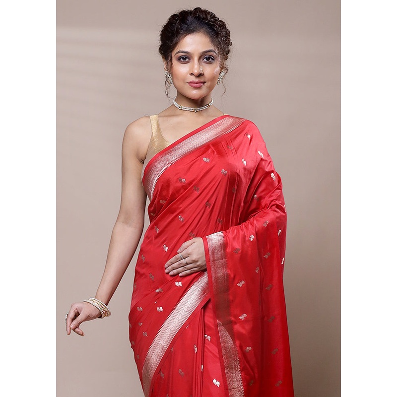 Red Dupion Silk Saree With Blouse Piece - JD986607811