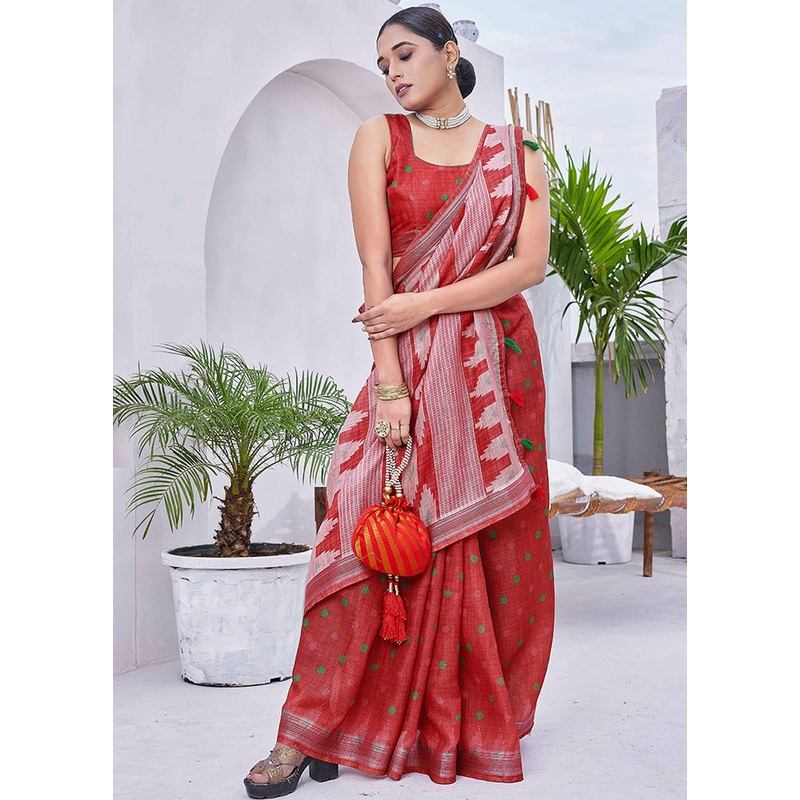 Red Linen Silk Saree With Blouse Piece - JD986607769