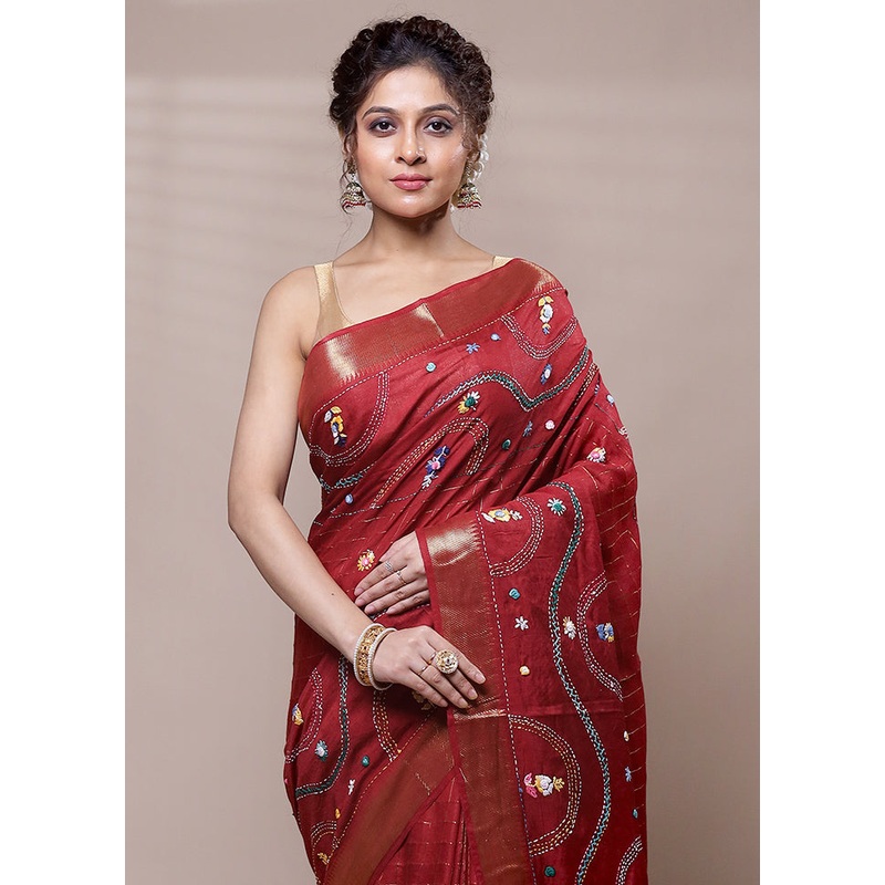 Red Tussar Silk Saree With Blouse Piece - JD986607810