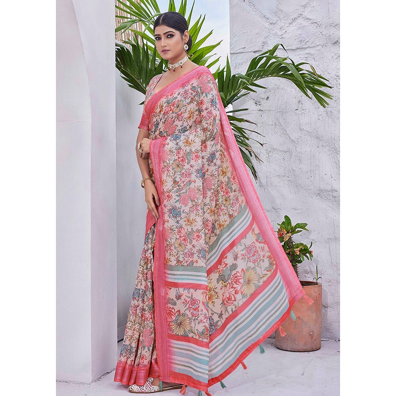 Rust Linen Silk Saree With Blouse Piece - JD986607768