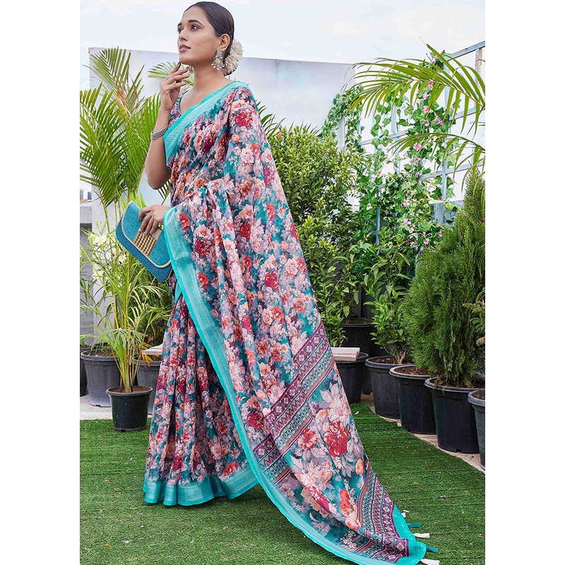 Sea Green Linen Silk Saree With Blouse Piece - JD986607765