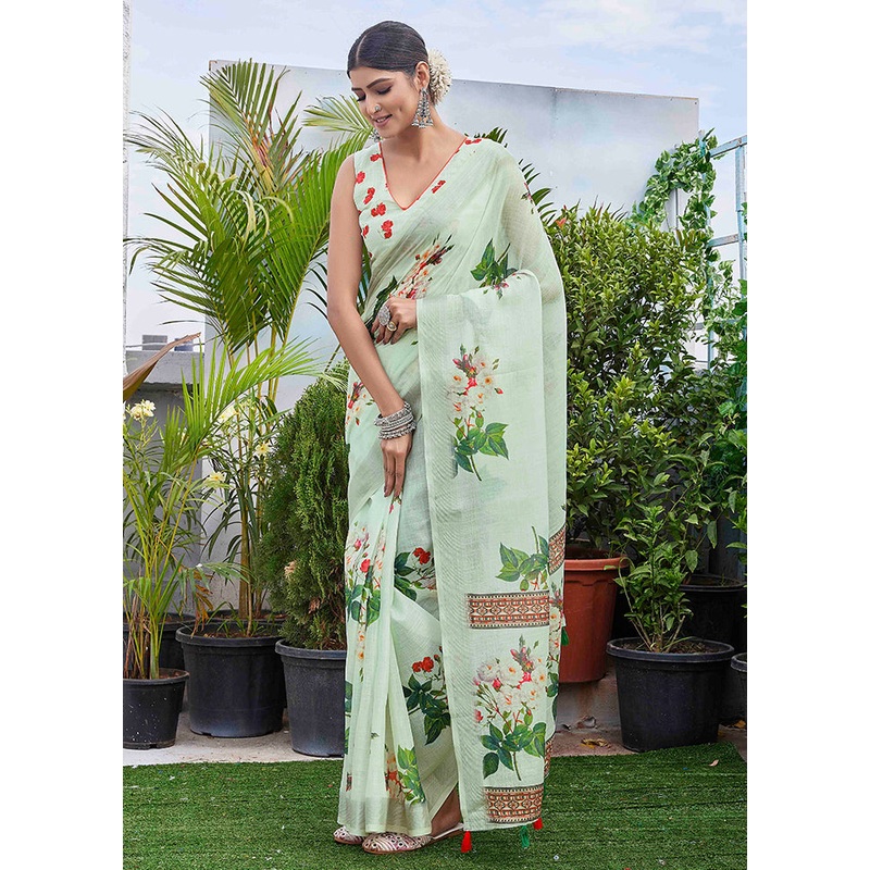 Sea Green Linen Silk Saree With Blouse Piece - JD986607767