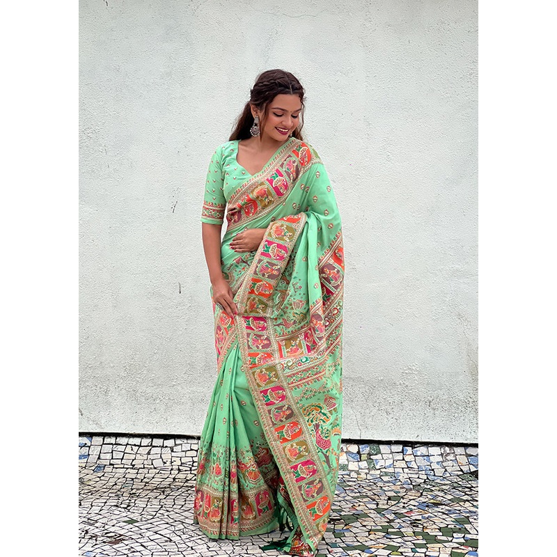 Sea Green Pasmina Silk Saree With Blouse Piece - JD986607763