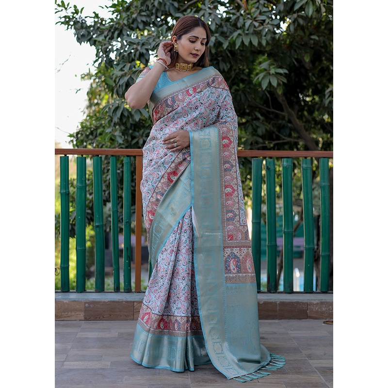 Sea Green Pasmina Silk Saree With Blouse Piece - JD986607764