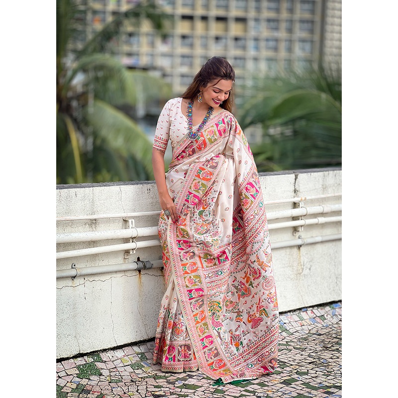 White Pasmina Silk Saree With Blouse Piece - JD986607761