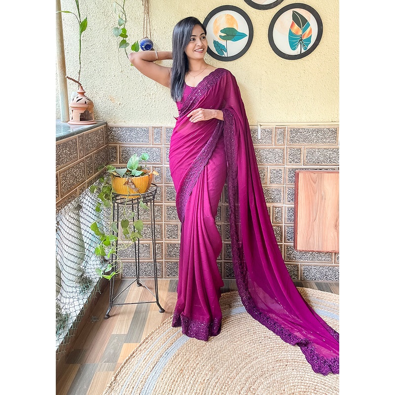 Wine Georgette Saree With Blouse Piece - JD986607760