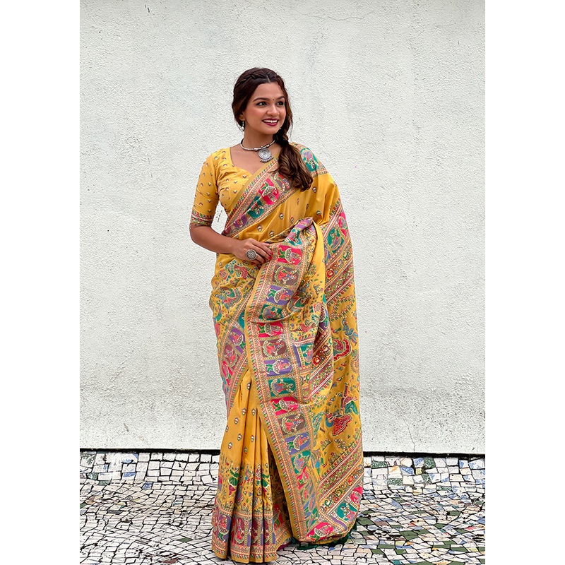 Yellow Pasmina Silk Saree With Blouse Piece - JD986607758