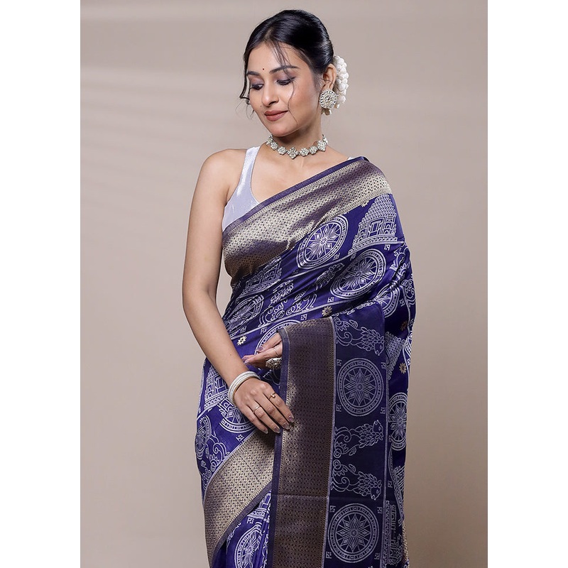 Blue Dupion Silk Saree With Blouse Piece - JD986607726