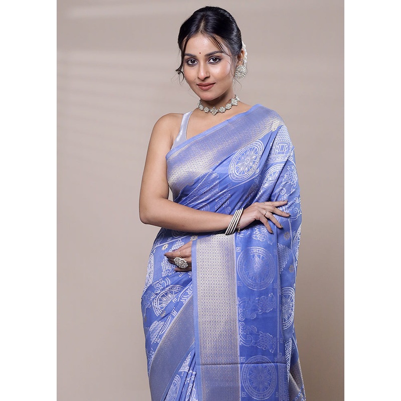 Blue Dupion Silk Saree With Blouse Piece - JD986607727