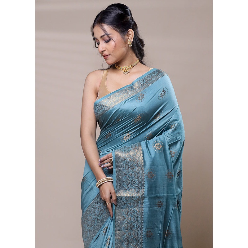 Blue Dupion Silk Saree With Blouse Piece - JD986607728