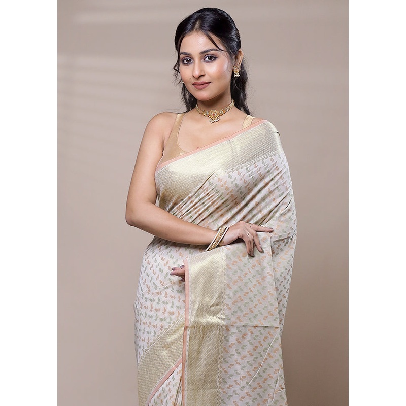 Cream Cotton Saree With Blouse Piece - JD986607723
