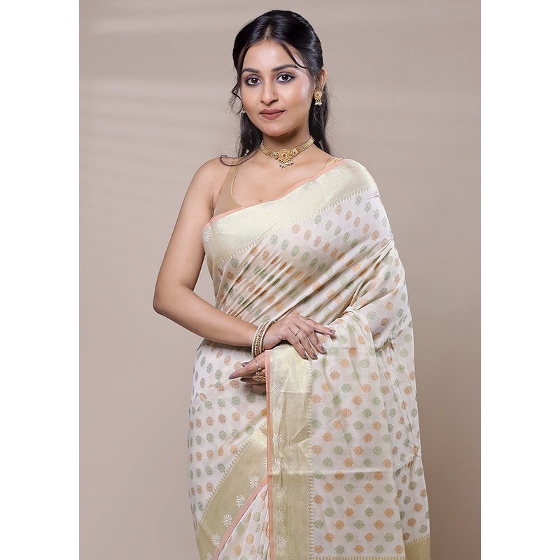 Cream Cotton Saree With Blouse Piece - JD986607724
