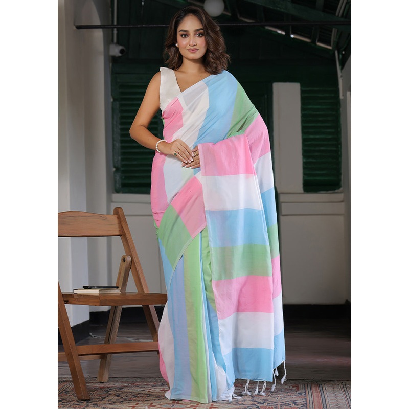 Multicolor Cotton Plain Work Saree Without Blouse Piece - JD986607735