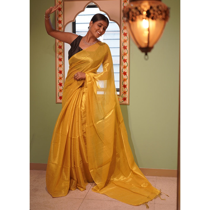 Mustard Spun Silk Plain Work Saree Without Blouse Piece - JD986607734